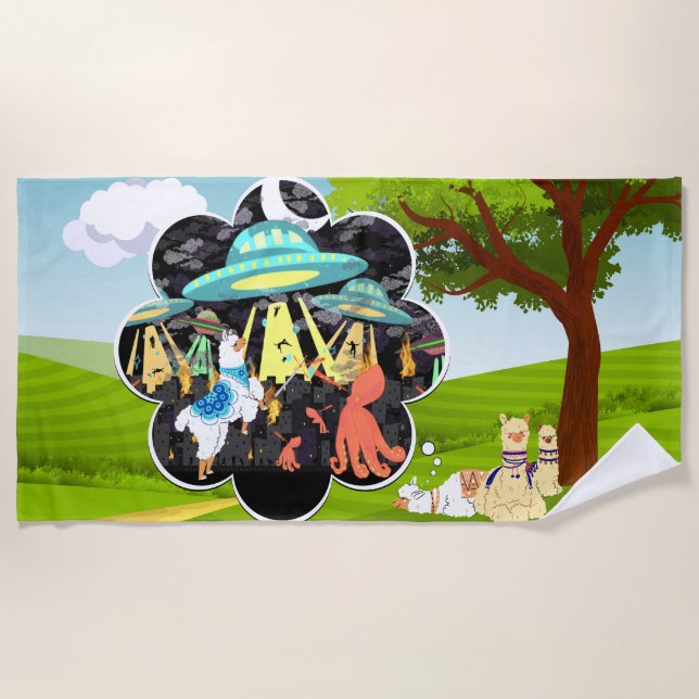 Serviette De Plage Llama Dreams Llama vs Evil Squid Epic Space Batail (Devant)