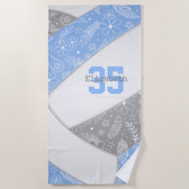 Serviette De Plage lt bleu gris boho floral doodle volleyball (Devant)