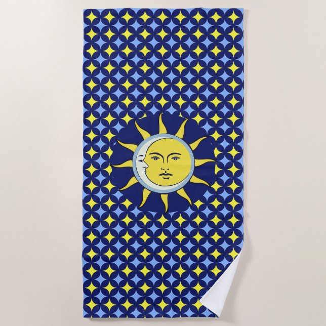 Serviette De Plage Lune et soleil sur Motif bleu et jaune étoile (Devant)