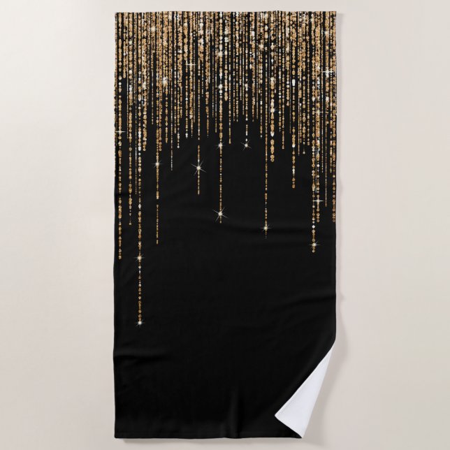 Serviette De Plage Luxe Chic Black Gold Fringe Parties scintillant ét (Devant)