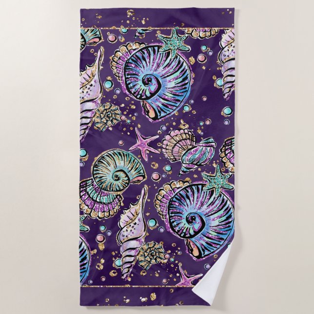 Serviette De Plage Luxe violet sous-marine | Dark Pastel Gold Sea Lif (Devant)