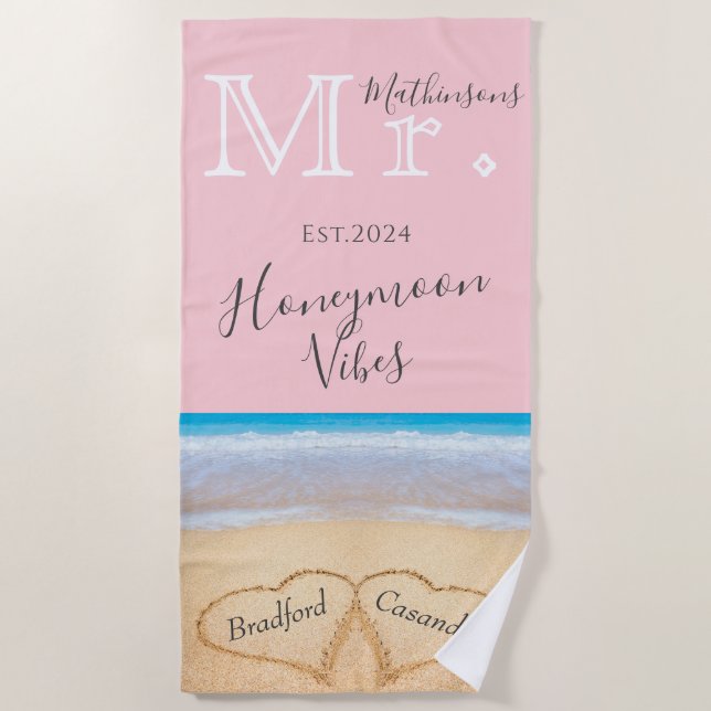 Serviette De Plage M. Blush Pink Beach Mariage 2 Coeurs Sable | Son (Devant)