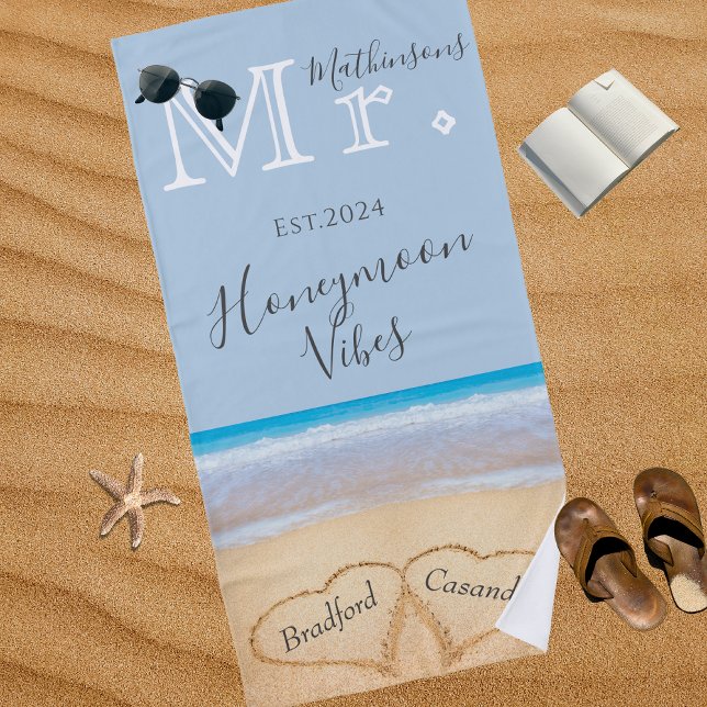 Serviette De Plage M. Dusty Blue Beach Mariage 2 Coeurs Sable | Son (Créateur téléchargé)