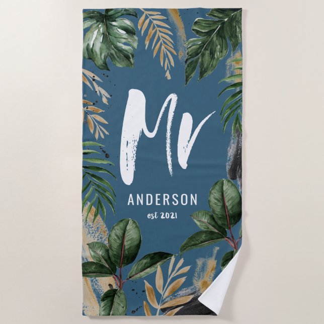 Serviette De Plage M. feuille tropicale & typographie bleu moderne (Devant)