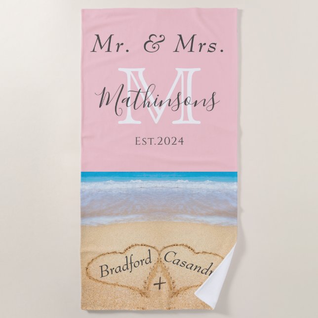Serviette De Plage M. Mme Beach Coeurs de mariage Sable Famille Monog (Devant)