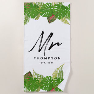 Serviette De Plage M. Modern Tropical Feuilles minimaliste de script 