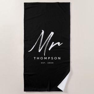 Serviette De Plage M. Moderne noir blanc minimaliste Script