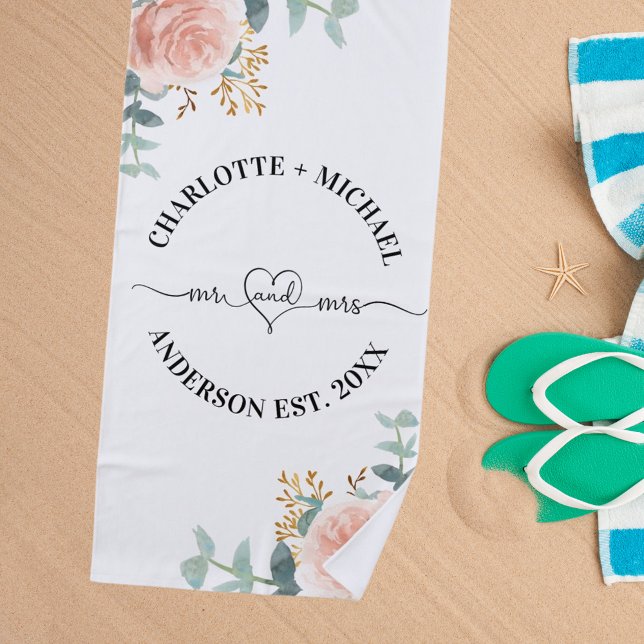 Serviette De Plage M. mrs jeunes mariés roses fleurons or verdure (Créateur téléchargé)