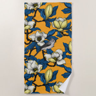Serviette De Plage Magnolia en floraison et oiseau de tireur 3
