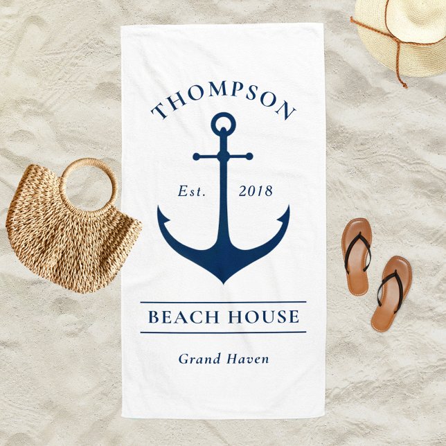 Serviette De Plage Maison de plage à l'ancre blanche nautique monogra (Créateur téléchargé)