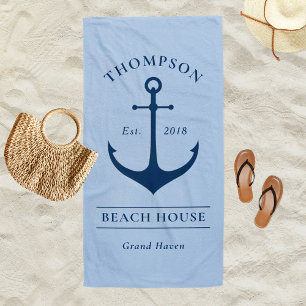 Serviette De Plage Maison de plage à l'ancre bleu marine Monogramme