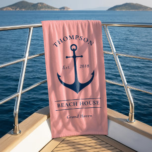 Serviette De Plage Maison de plage à l'ancre rose marine Monogramme