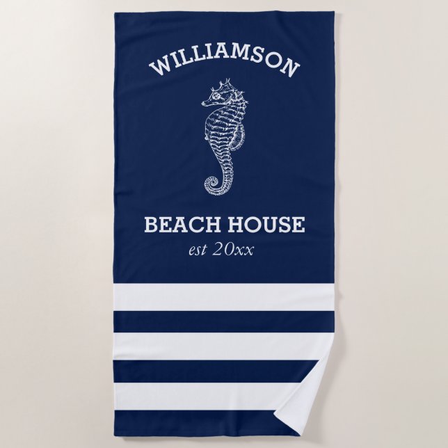 Serviette De Plage Maison de plage Marine et White Stripe | Seahorse (Devant)