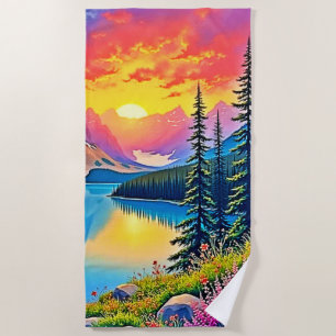 Serviette De Plage Majesté du lac de montagne au coucher du soleil