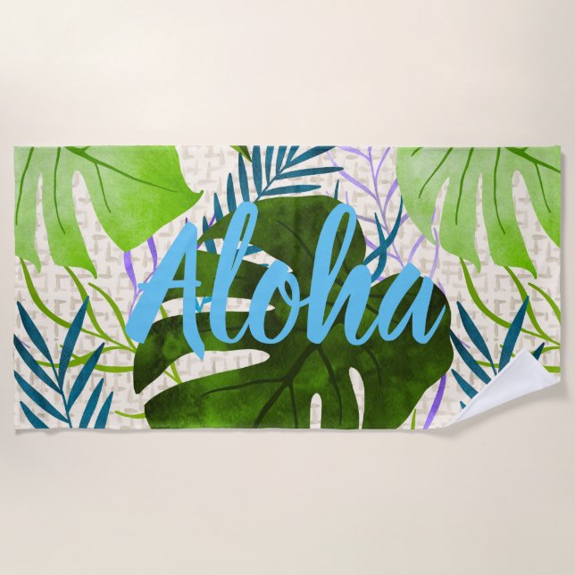Serviette De Plage Maleah Monstera Tropical Hawaiian Aquarelle Vert (Devant)