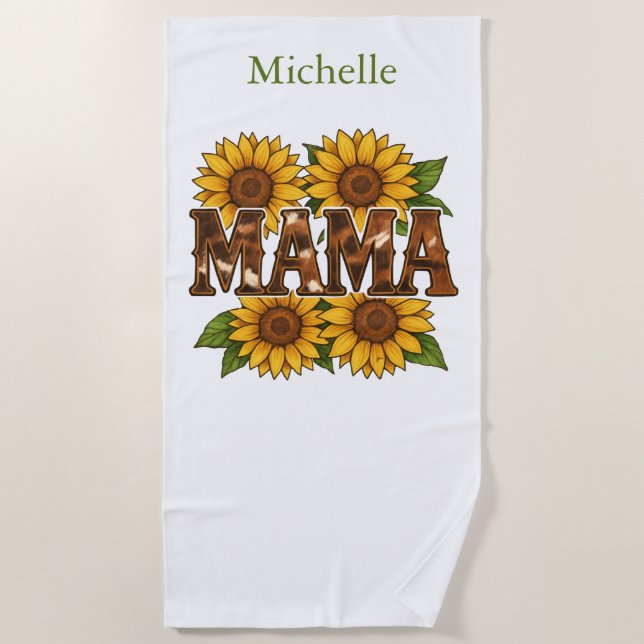 Serviette De Plage Mama Fleurs de soleil Nom du monogramme Initiales, (Devant)