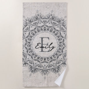 Serviette De Plage Mandala Nom Monogramme gris clair monochrome