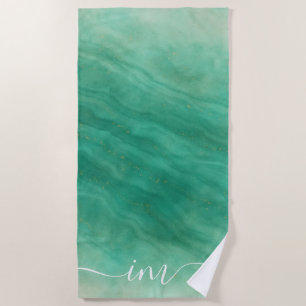 Serviette De Plage Marbre Abstrait vert avec initiales personnalisées