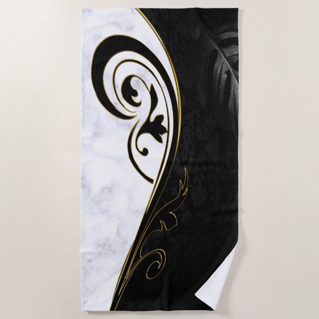 Serviette De Plage Marbre blanc, Noir, Filigree Or Graphique (Devant)