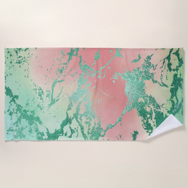Serviette De Plage Marbre cool | Jolie Pastel Coral et Green Ombre (Devant)