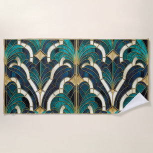 Serviette De Plage Marbre de Luxe Mosaïque Art Déco Bleu Or & Sarcell