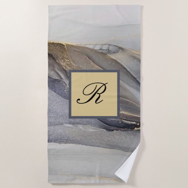 Serviette De Plage Marbre noir gris or Joli Monogramme élégant (Devant)