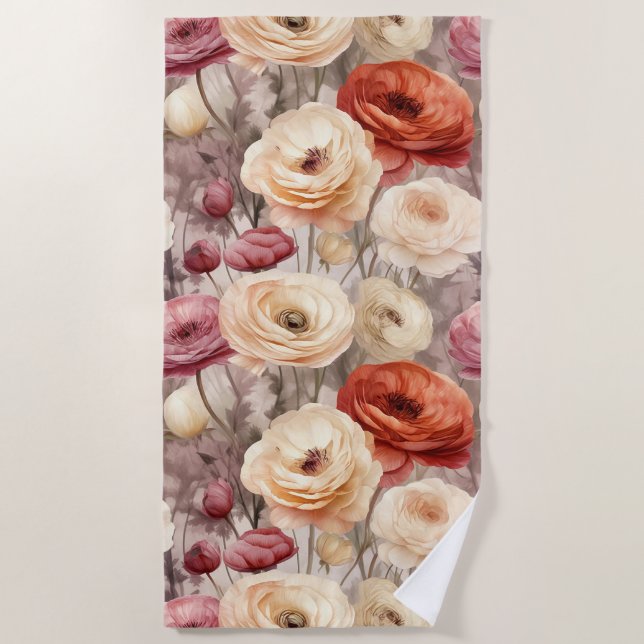 Serviette De Plage Mariage Burgundy Crème Fleurs de Printemps (Devant)