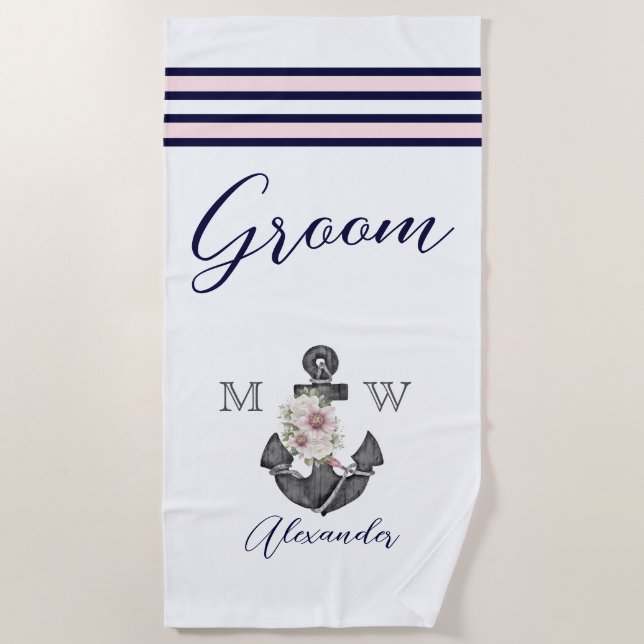 Serviette De Plage Mariage nautique Ancre florale  rose marine (Devant)