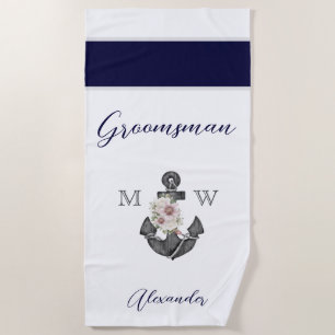 Serviette De Plage Mariage nautique Floral Ancre Marine Grey Groomsma
