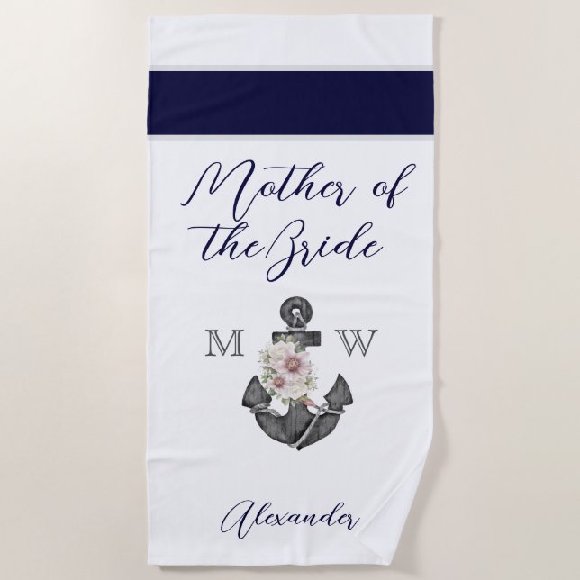 Serviette De Plage Mariage nautique Floral Ancre Marine Mère de (Devant)