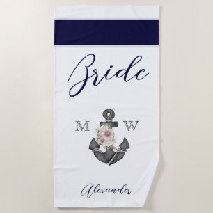 Serviette De Plage Mariage nautique Floral Ancre Marine White Bride