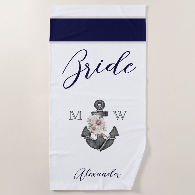 Serviette De Plage Mariage nautique Floral Ancre Marine White Bride (Devant)