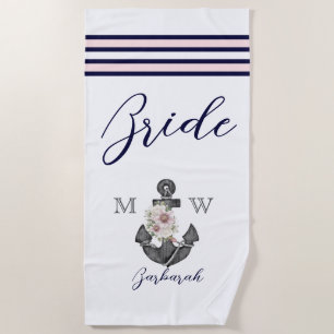 Serviette De Plage Mariage nautique Floral Ancre Rose Marine Brides