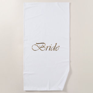 Serviette De Plage Mariée, écriture or élégant chic mariage blanc