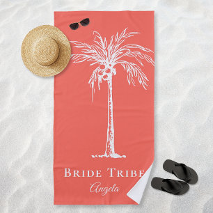Serviette De Plage Mariée Tribe Corail Blanc Palm Tree Personnalisé