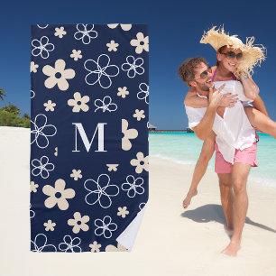 Serviette De Plage Marine bleu crème fleur motif rétro