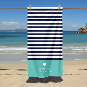 Serviette De Plage Marine Bleu et Aqua Chic Stripes Coeur Monogramme