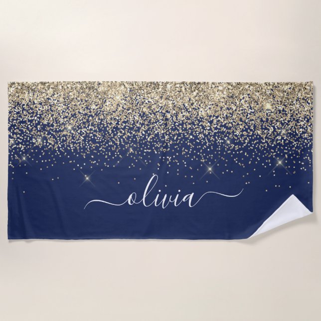 Serviette De Plage Marine Blue Gold Parties scintillant Girl Monogram (Devant)