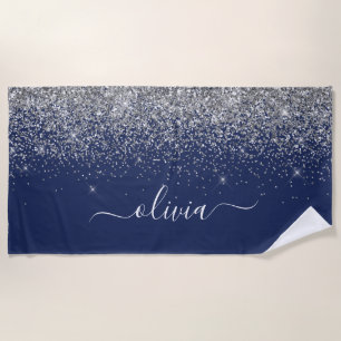 Serviette De Plage Marine Blue Silver Parties scintillant Girl Monogr