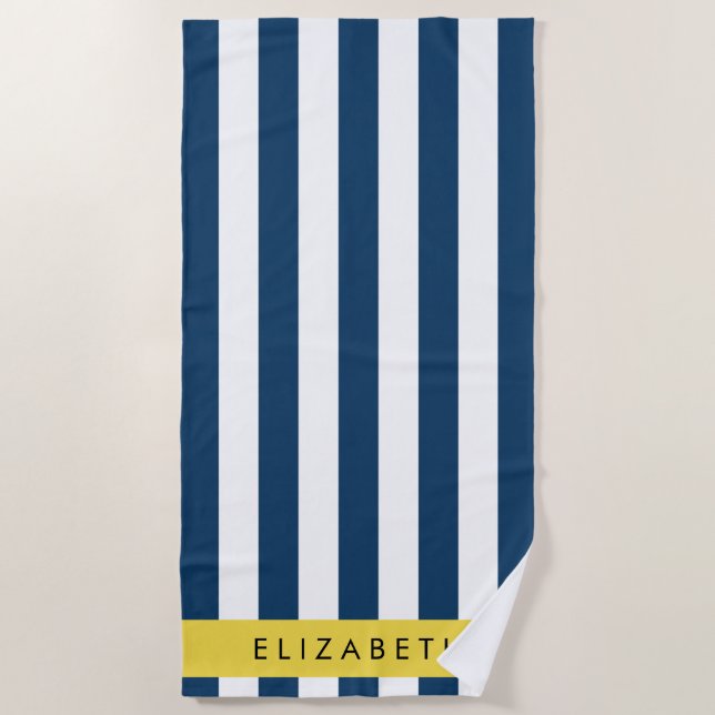Serviette De Plage Marine Blue Stripes, Motif rayé, Votre nom (Devant)