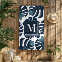 Marine Blue & White Monstera Monogram Beach Servie