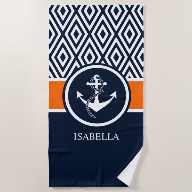 SERVIETTE DE PLAGE MARINE ET ANCRE NAUTIQUE DE MONOGRAMME RAYÉ BLANC (Devant)