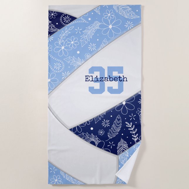 Serviette De Plage marine lt bleu boho floral doodle motif volleyball (Devant)