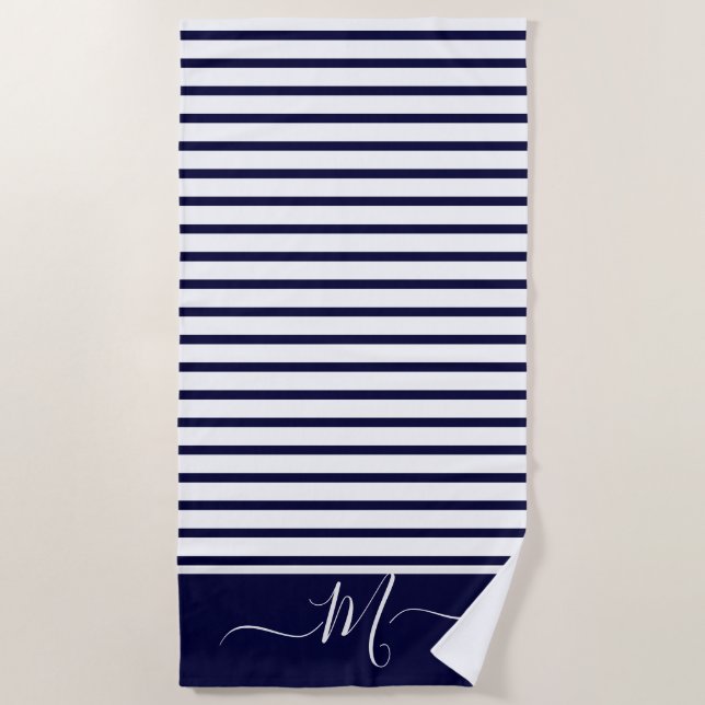 Serviette De Plage Marine marine Bleu blanc rayé Monogramme initial (Devant)