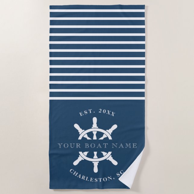 Serviette De Plage Marine nautique Votre nom de bateau Stripes (Devant)