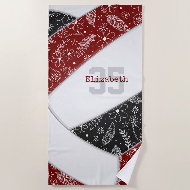 Serviette De Plage maroon noir boho fleuri doodle filles volleyball (Devant)