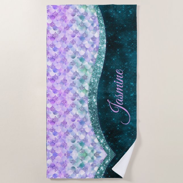 Serviette De Plage Masque de peau de sirène turquoise argent faux par (Devant)