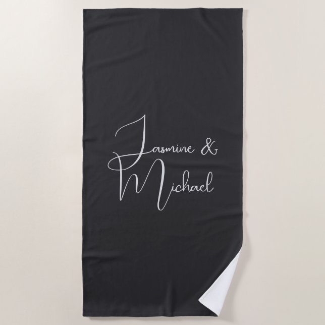 Serviette De Plage Matte Black Handwriting Couple Names Wedding (Devant)