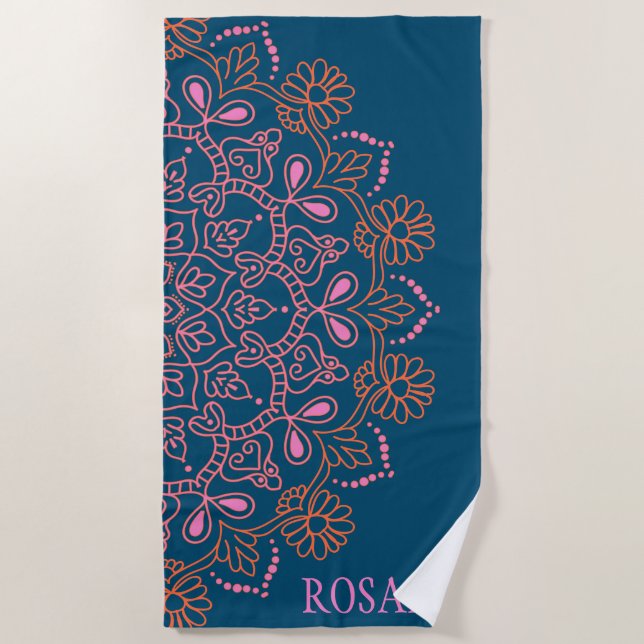 Serviette De Plage Médaillon Mandala Boho Moderne en Teal Personnalis (Devant)