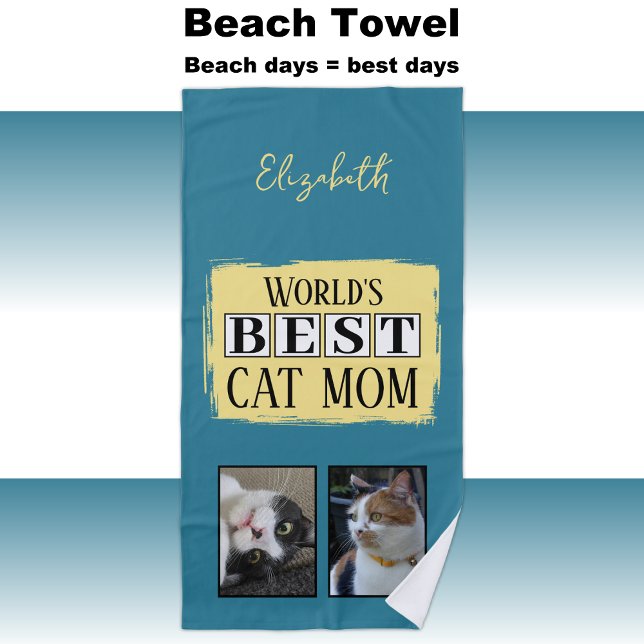 Serviette De Plage Meilleur chat maman 2 photo nom bleu jaune (Créateur téléchargé)